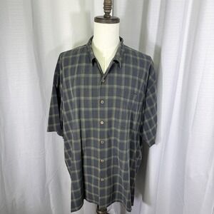 Tommy Bahama Men's XXL 100% Silk Button Up Shirt Grey Check Plaid Short Sleeve